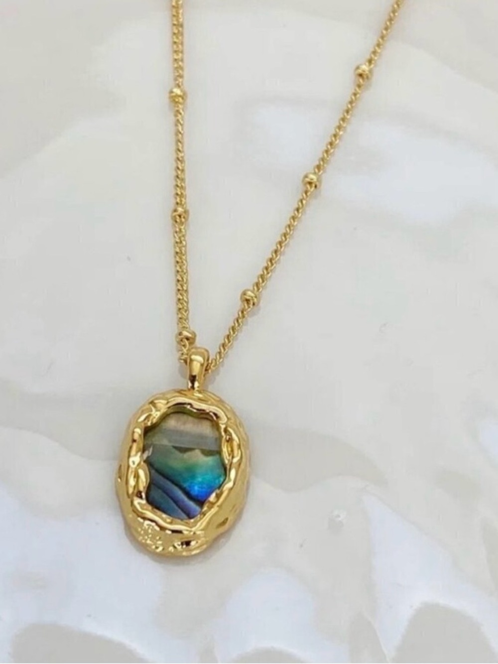 New Abalone Shell Oval Pendant Necklace 18K Plated Beaded Chain Minimalist Boho